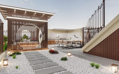 新中式楼顶花园3D模型下载